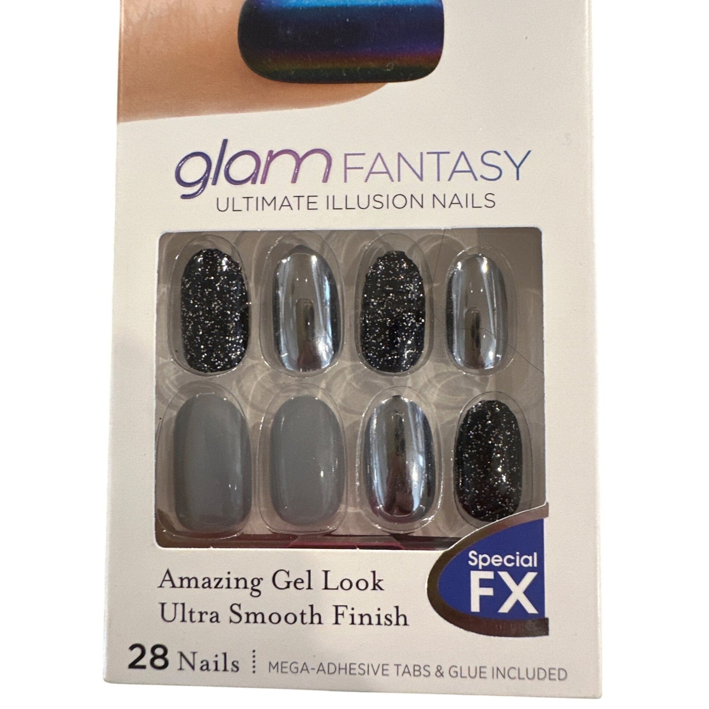 Kiss GLAM FANTASY 28 Nails Medium Oval Chrome+Glitter+Glossy Special FX Gel Look