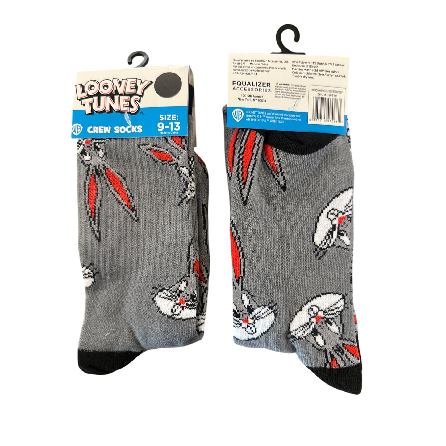 Looney Tunes BUGS BUNNY Men's Size 9-13 Crew Socks Gray Black Red White Design