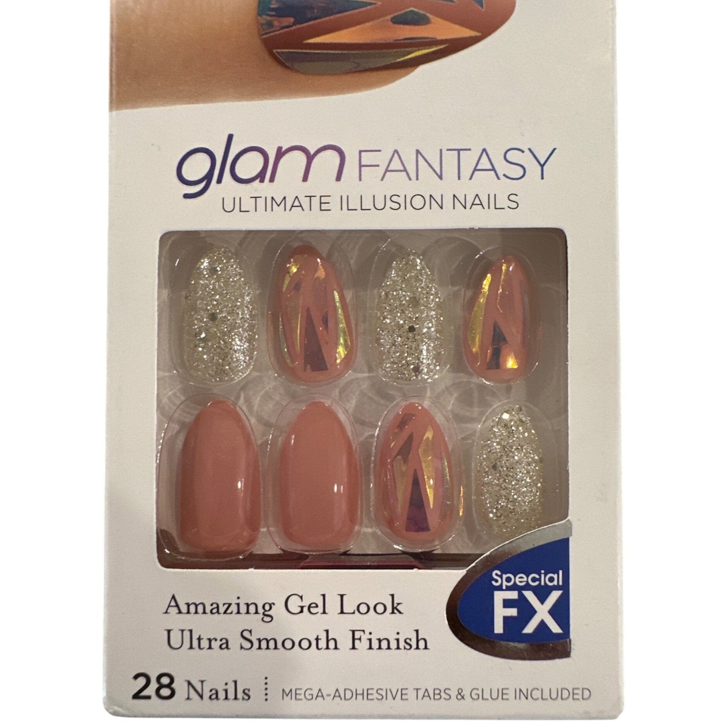 Kiss GLAM FANTASY 28 Nails Medium Mountain Peak Glossy+Chrome+Glitter Pink+Gold