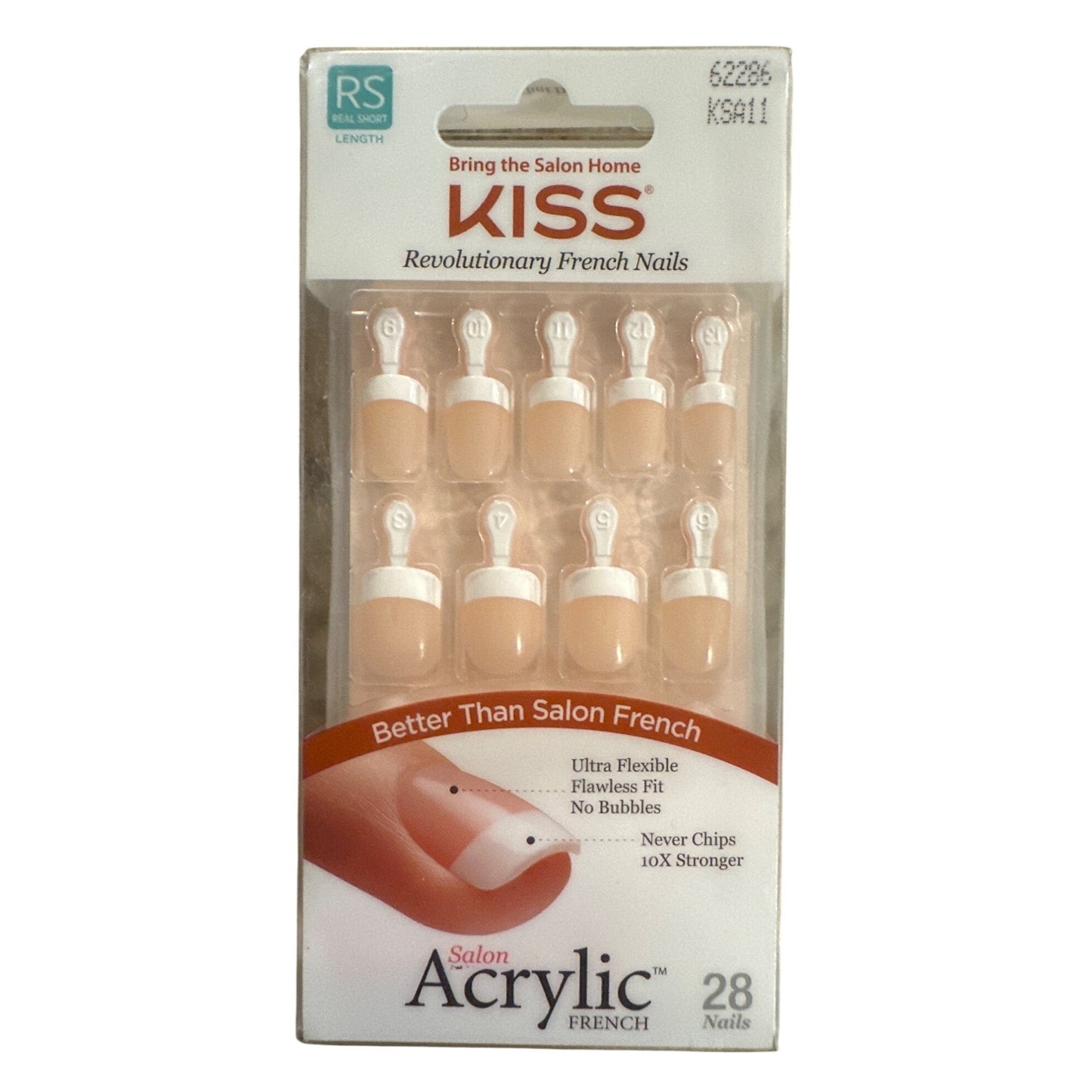Kiss Salon Acrylic French 28 Nail Short Square French Tip Natural Ultra Flexible