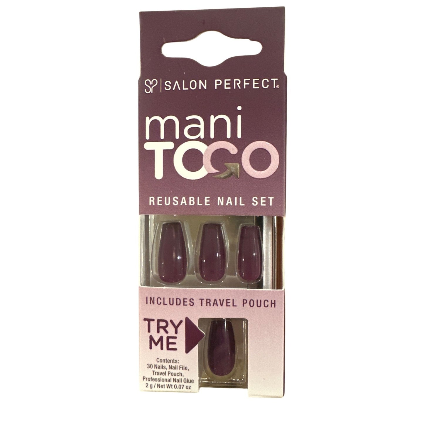 Salon Perfect 30 Nails Mani To Go Long Coffin Glossy Plum Purple Reusable Nails