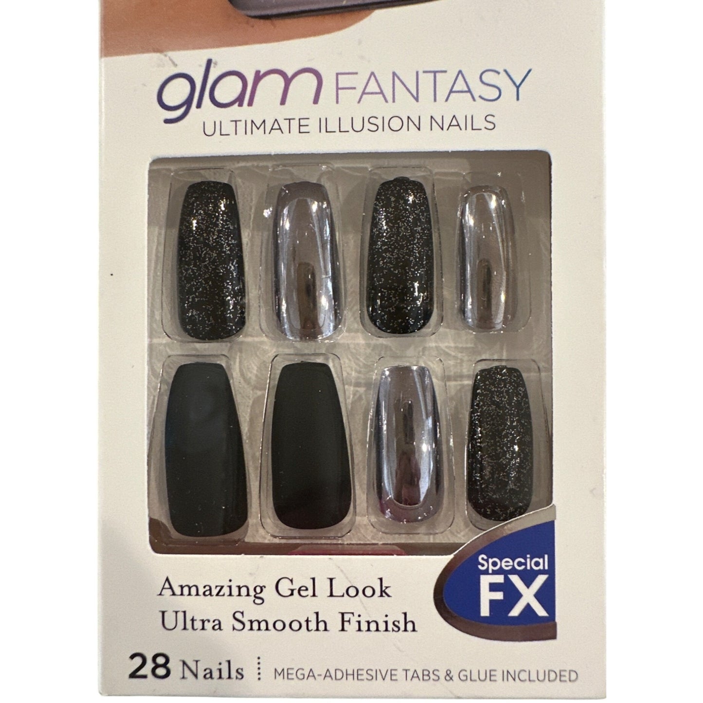 Kiss GLAM FANTASY 28 Nail Long Ballerina Matte + Glitter Black + Chrome Gel Look