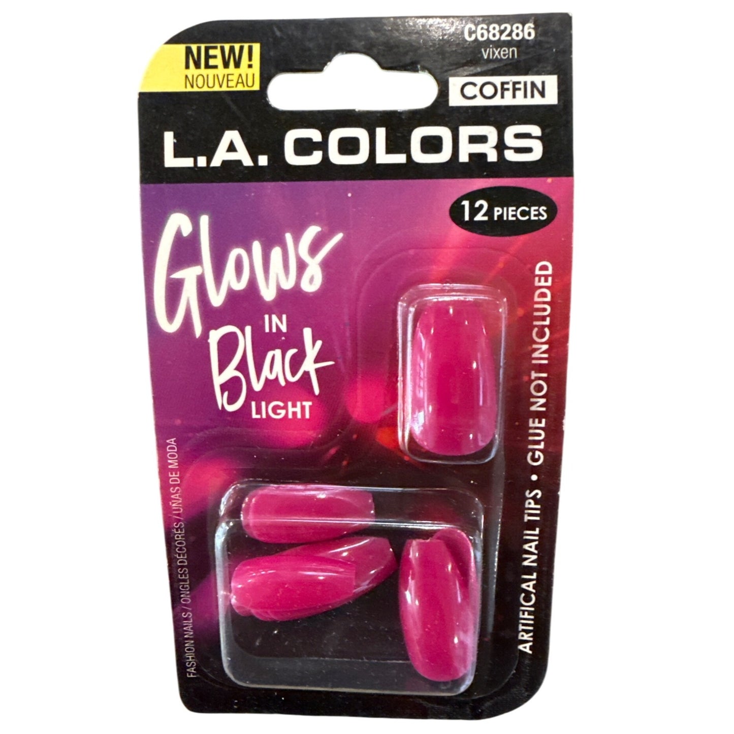 L.A. Colors GLOWS IN BLACKLIGHT 12 Nails VIXEN Long Coffin Glossy Pink HALLOWEEN