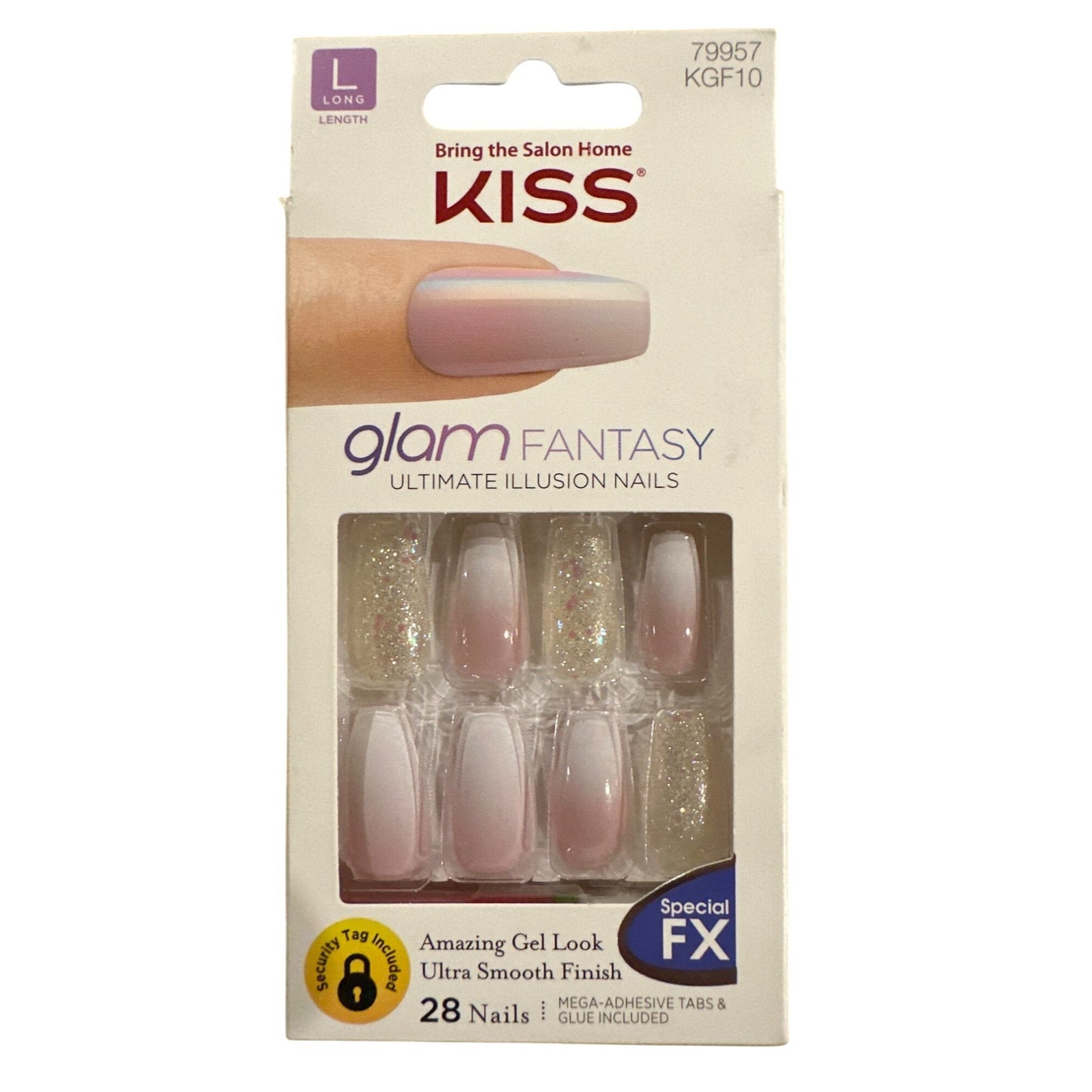 Kiss Glam Fantasy 28 Nail Long Coffin Shiny+Ombre+Glitter Pink+Gold Ultra Smooth