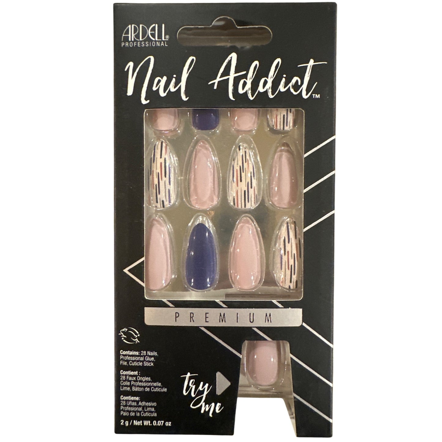 Ardell Nail Addict 24 Nail PRMIUM Long Almond Glossy Indigo+Peach Minimalist Art