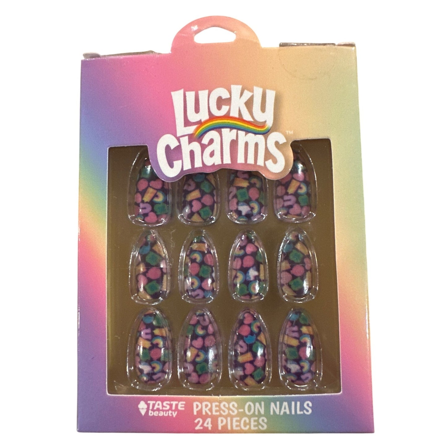Taste Beauty 24 Nails Medium Almond Glossy Black Colorful Lucky Charms Inspired