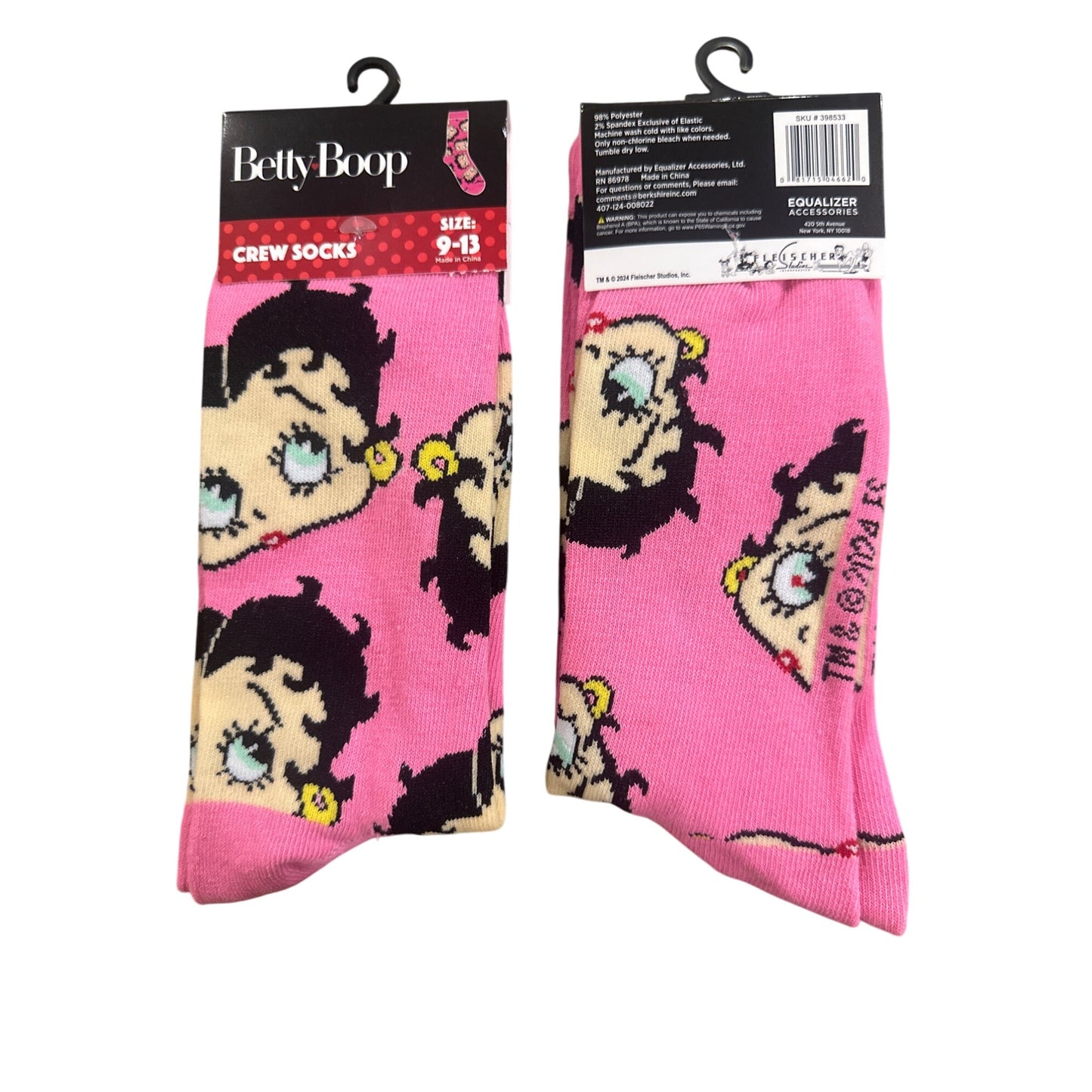 BETTY BOOP WOMEN'S Size 9‑13 Crew Socks Pink Black White Fun Cartoon Comfort