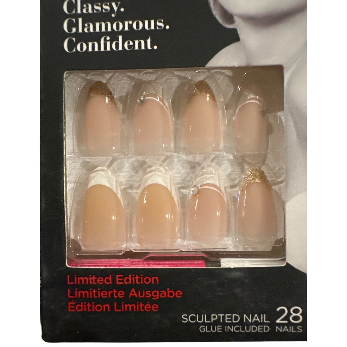 Marilyn Monroe X Kiss 28 Nails Medium Almond French Tip Nude+Gold Glitter Jewels