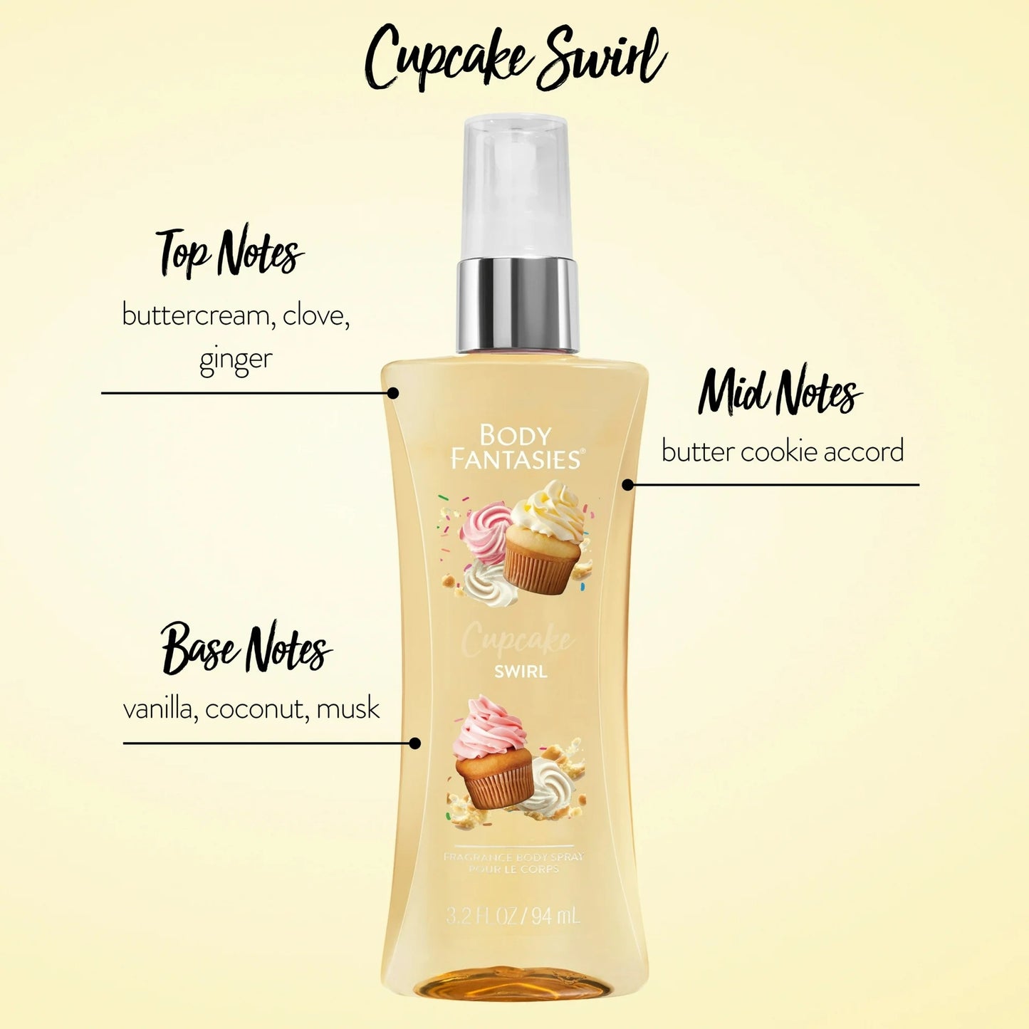 Body Fantasies Cupcake Swirl Fragrance Body Spray 3.2 Fl Oz Vegan Paraben-Free