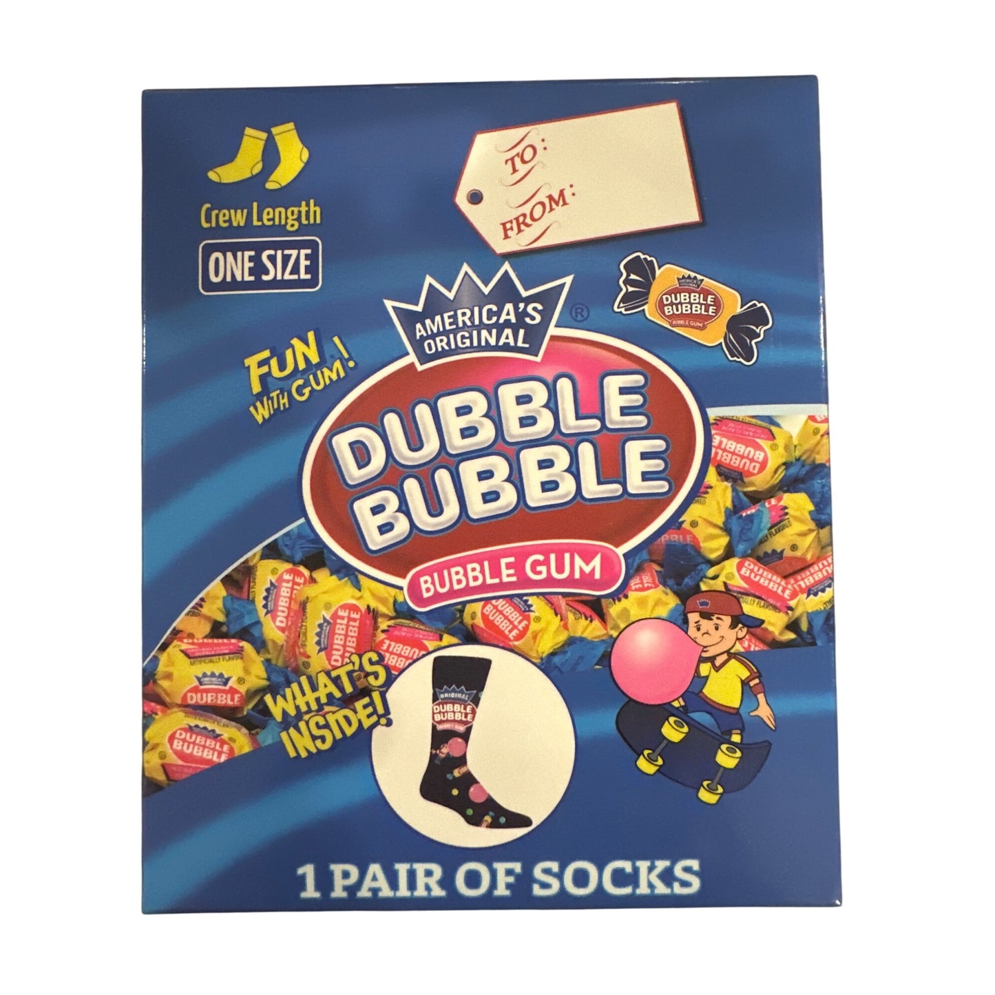 DUBBLE BUBBLE Gum Men's One Size Fits Most Crew Socks GIFT/BOXED Black Pink Blue