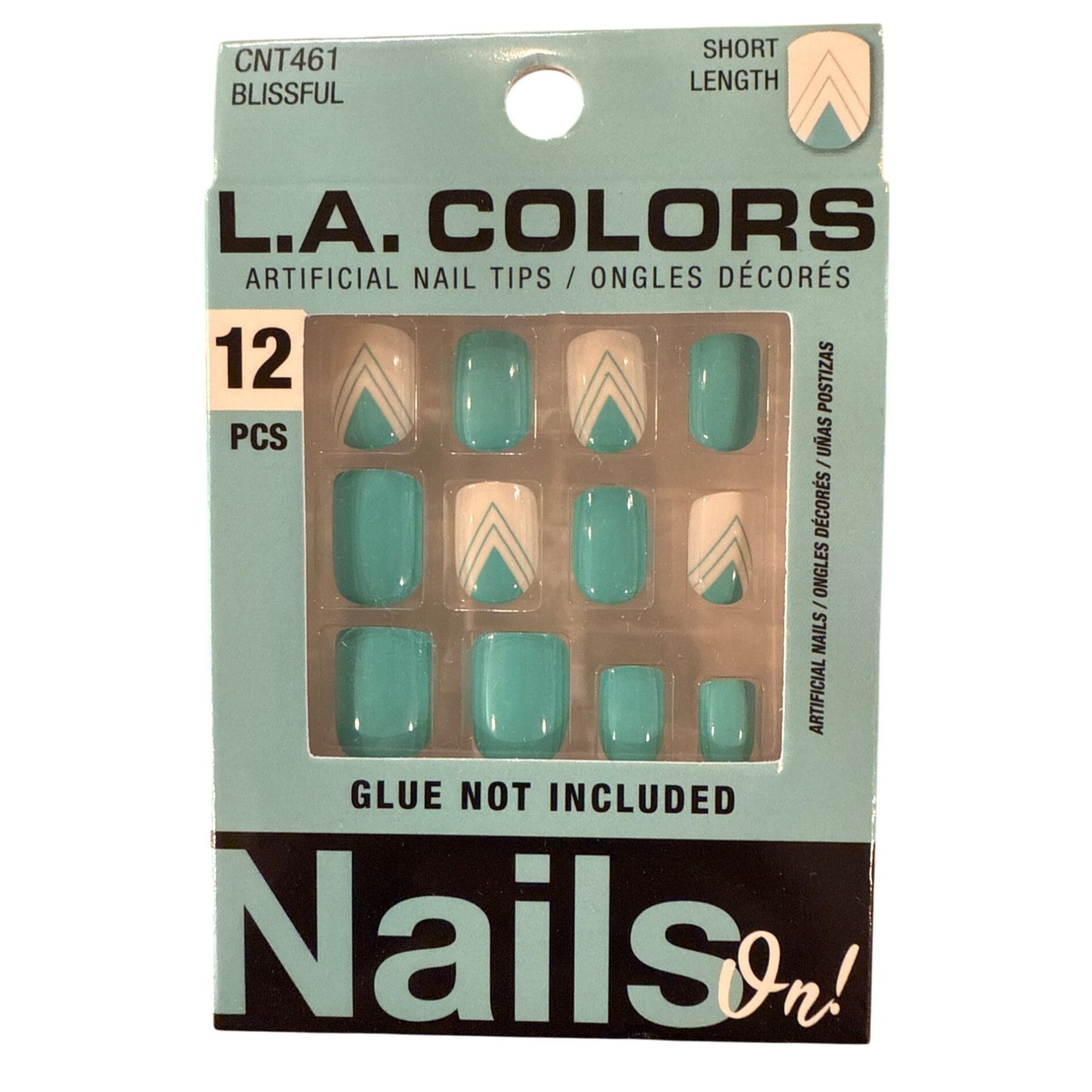 L.A. Colors NAILS ON! 12 Nail BLISSFUL Short Square Full & French Turquoise+Nude