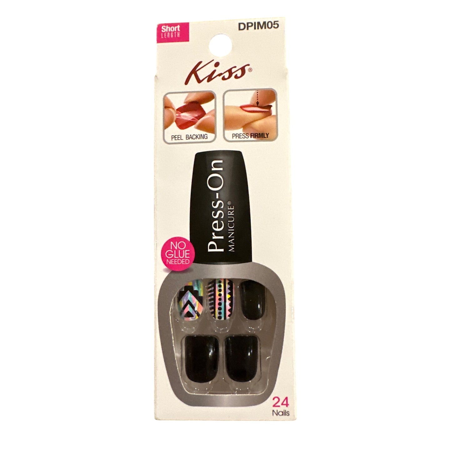 Kiss Press-On 24 Nails LOVE IT Short Squoval Glossy Black + Neon Aztec Design