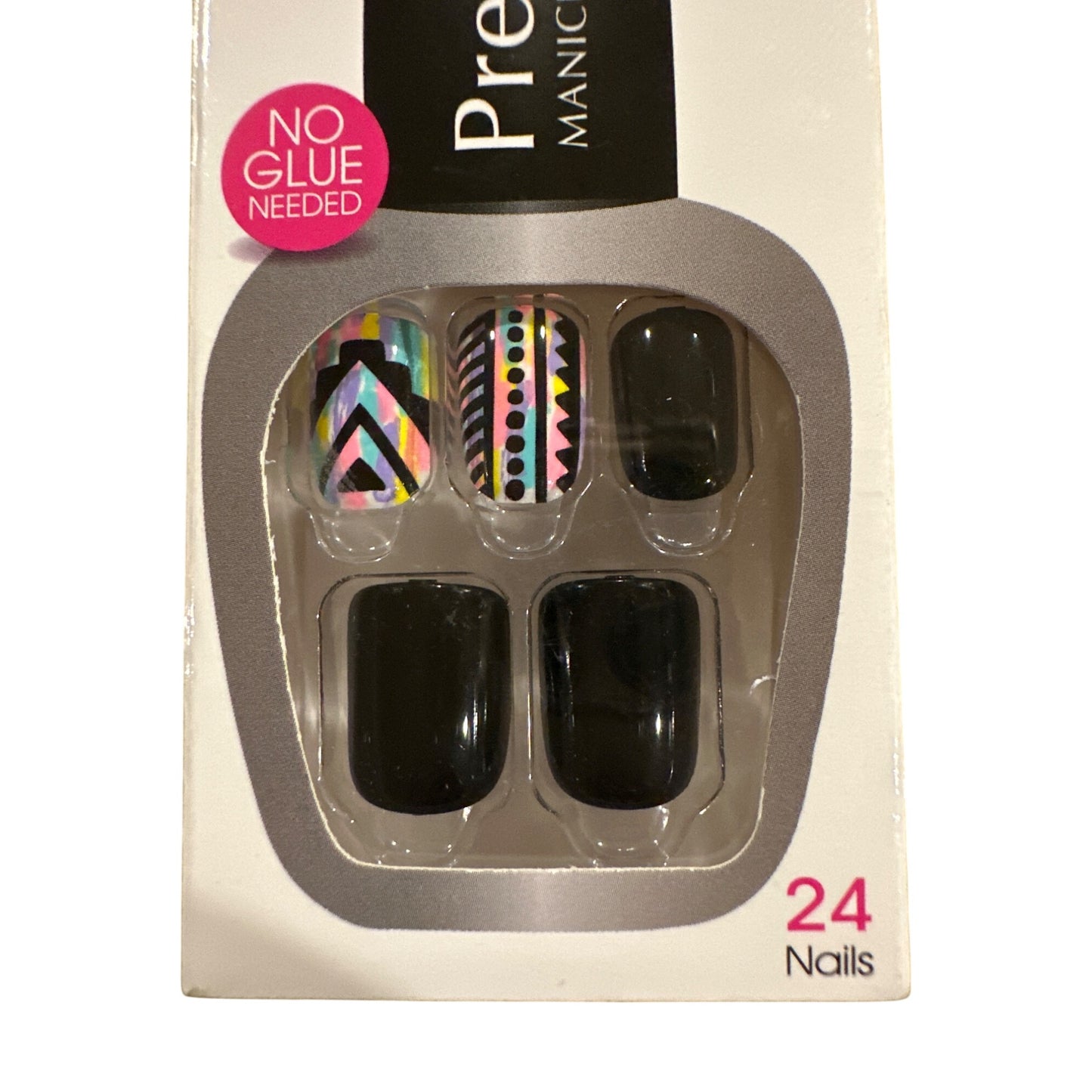 Kiss Press-On 24 Nails LOVE IT Short Squoval Glossy Black + Neon Aztec Design