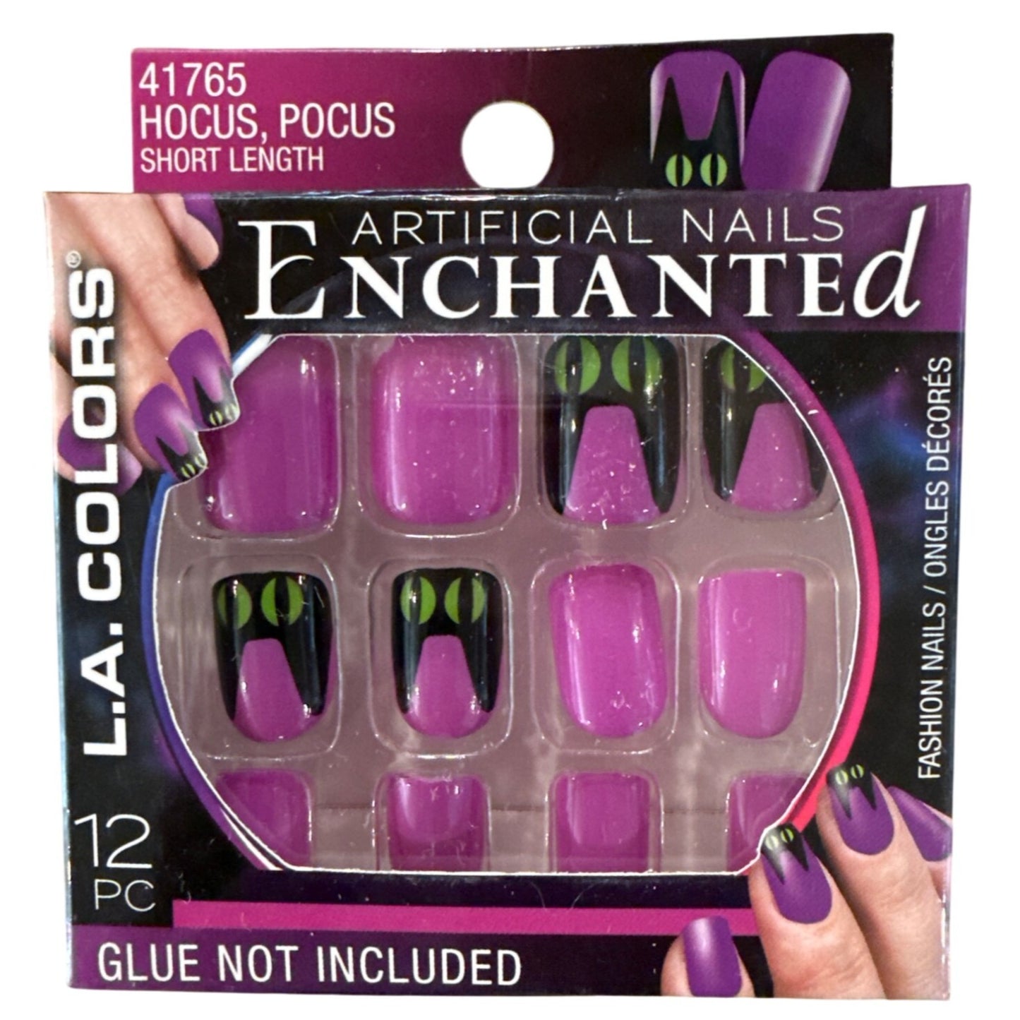 L.A. Colors ENCHANTED 12 Nails HOCUS, POCUS Short Square Glossy Purple Cat Eyes