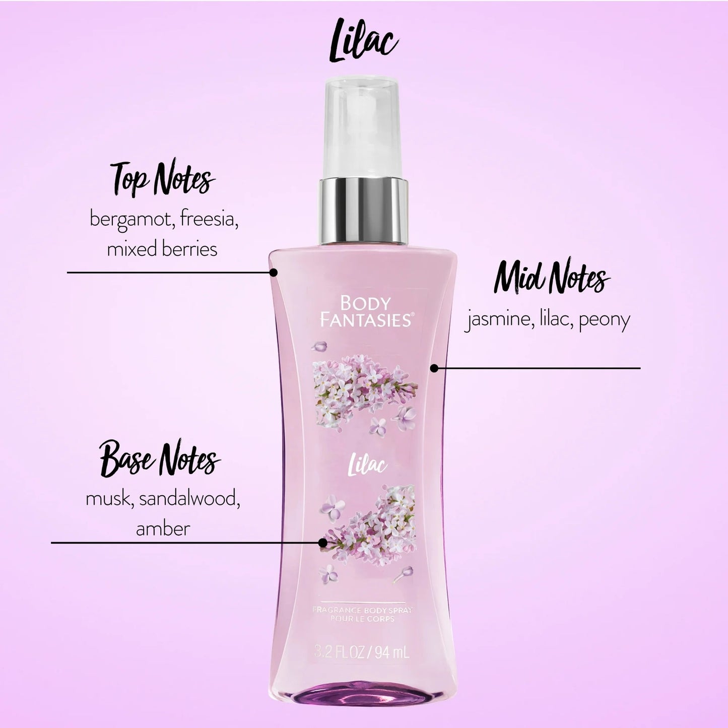 Body Fantasies Lilac Fragrance Body Spray 3.2 Fl Oz Vegan & Paraben/Cruelty-Free