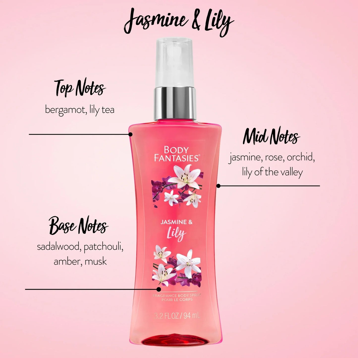 Body Fantasies Jasmine & Lily Fragrance Body Spray 3.2 Fl Oz Vegan Paraben-Free