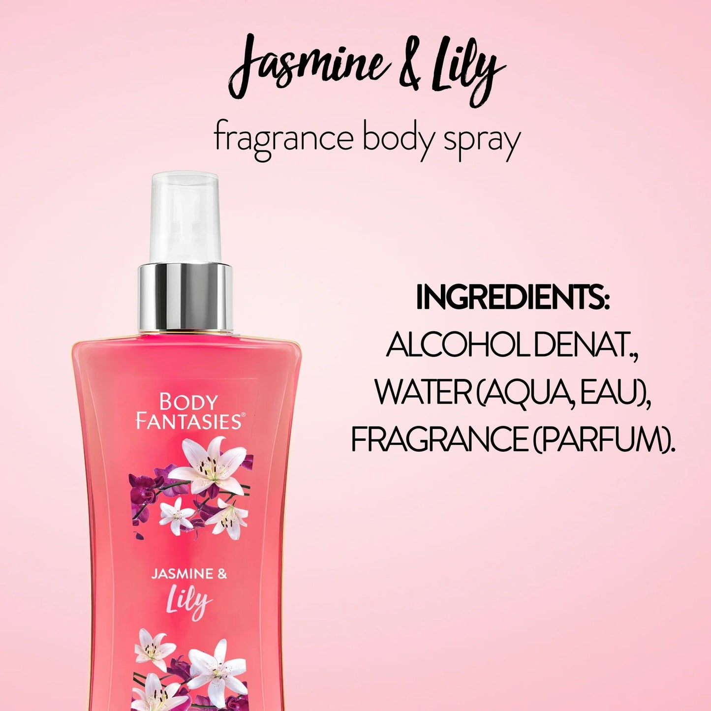 Body Fantasies Jasmine & Lily Fragrance Body Spray 3.2 Fl Oz Vegan Paraben-Free
