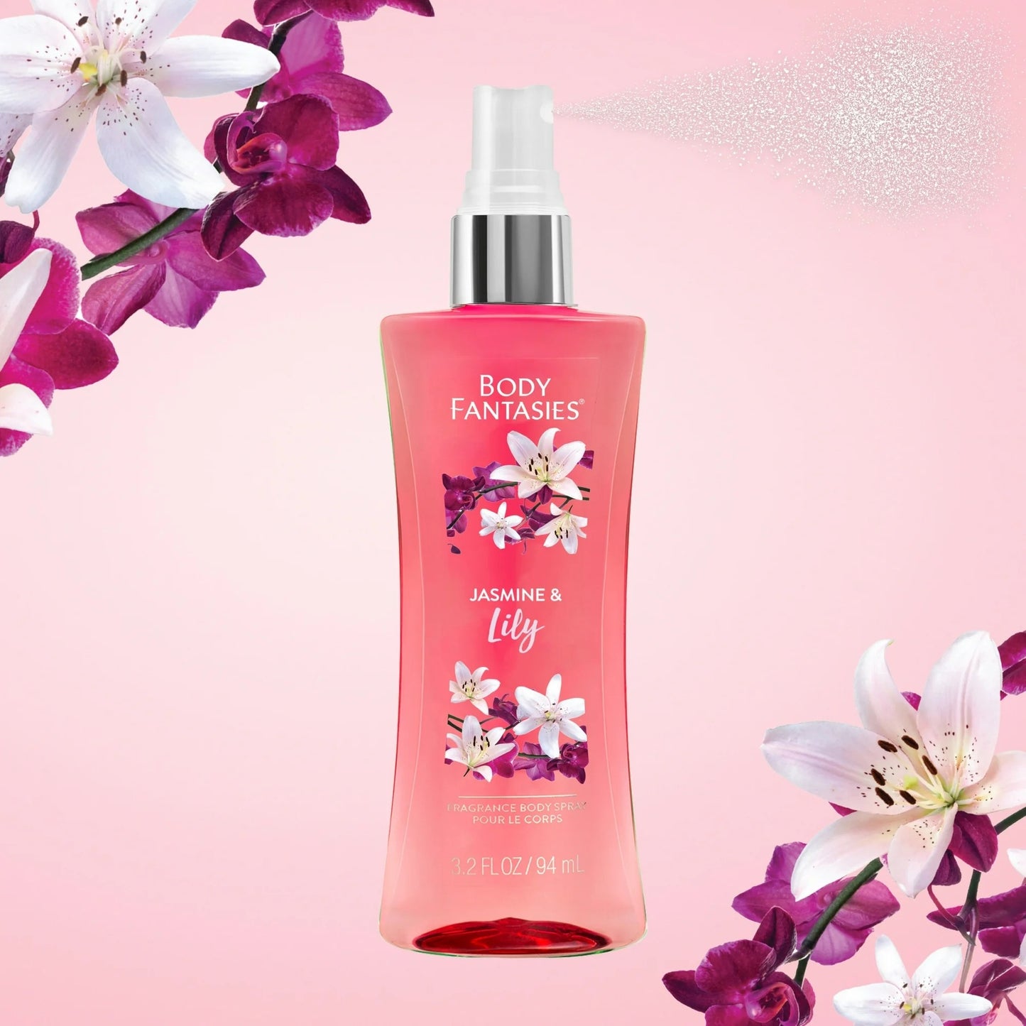 Body Fantasies Jasmine & Lily Fragrance Body Spray 3.2 Fl Oz Vegan Paraben-Free