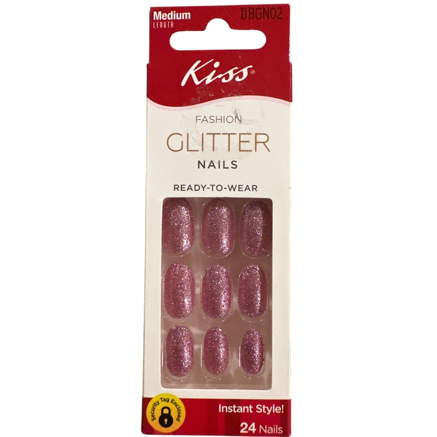 Kiss FASHION GLITTER 24 Nails Medium Length Oval Shimmer Fuchsia Ready To Wear