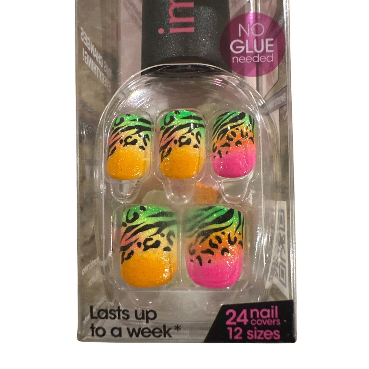 IMPRESS KISS Press-On 24 Nail LiL' DRUMMER GIRL Short Square Glossy+Shimmer Neon