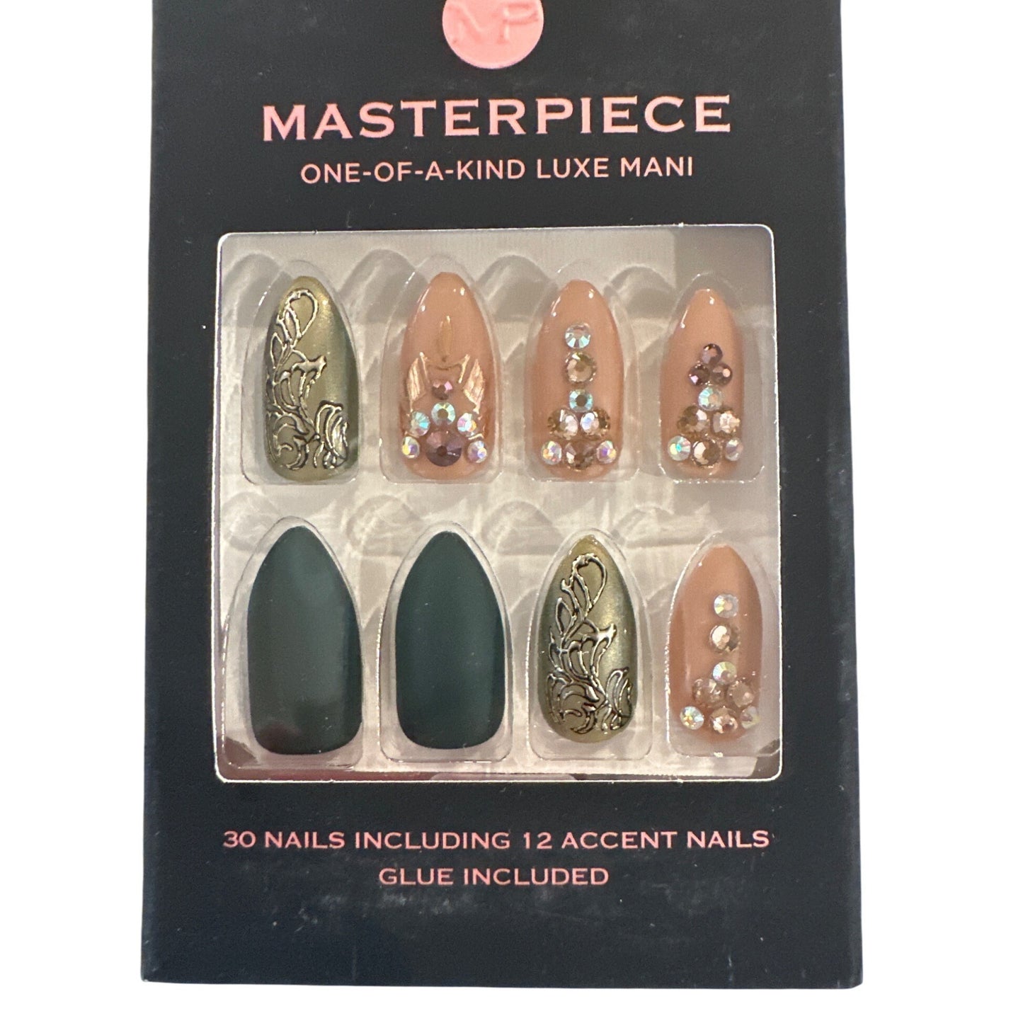 Kiss MASTERPIECE 30 Nails Long Almond Matte+Glossy Nude+Green Jewels 12 Accents