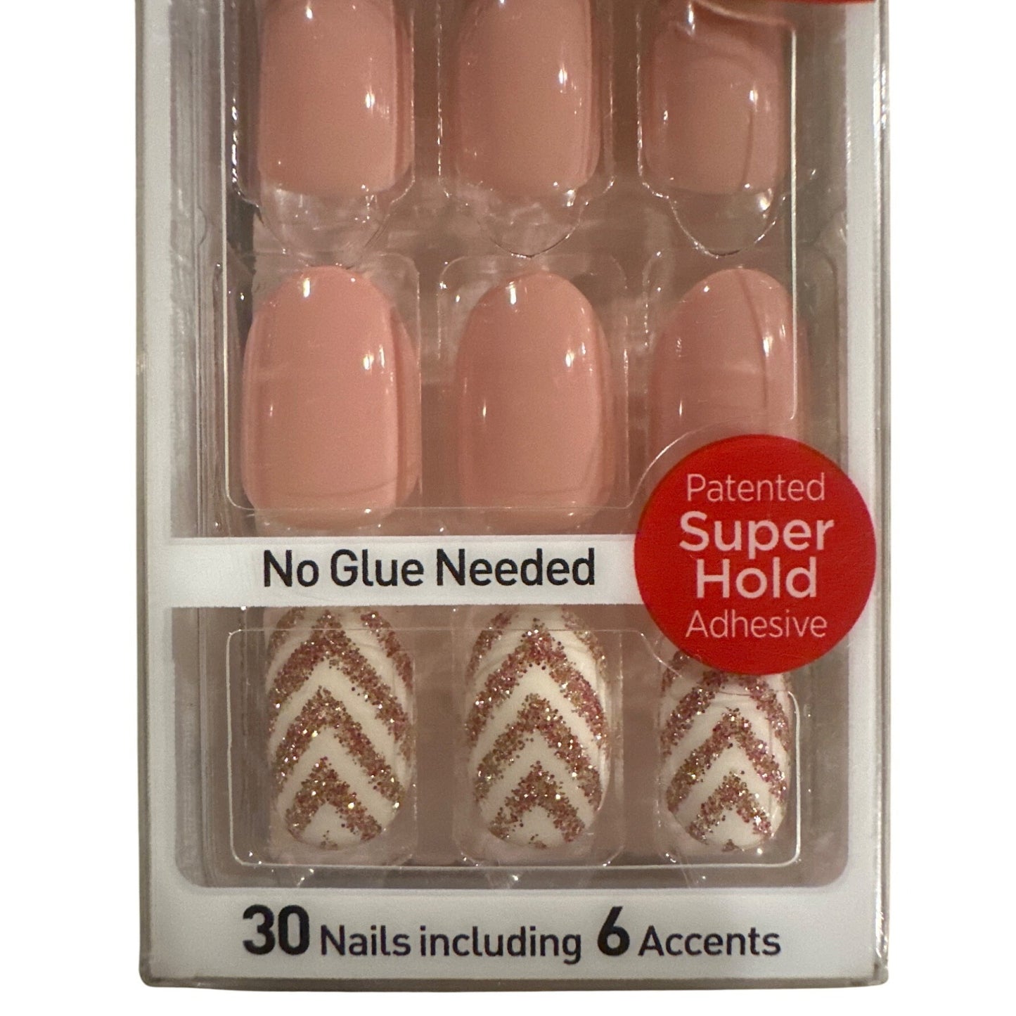 ImPRESS SHOCKING 30 Nails Medium Oval Glosy+Glitter Blush+Gold Chevron Design