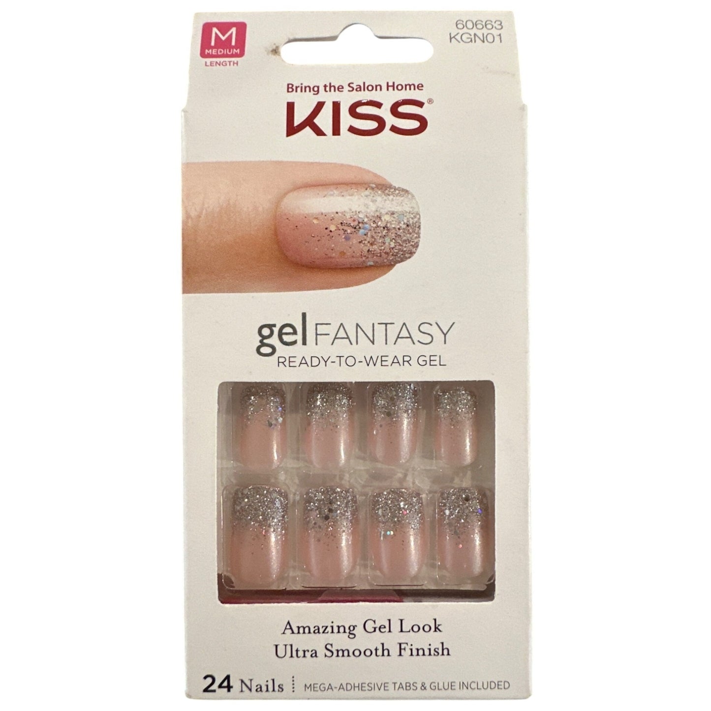 Kiss GEL FANTASY 24 Nails Medium Square Glossy + Glitter Pearl Pink + Silver
