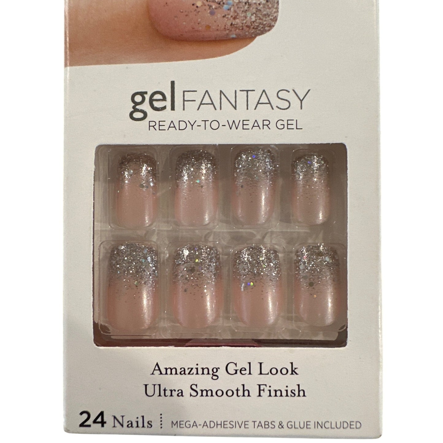 Kiss GEL FANTASY 24 Nails Medium Square Glossy + Glitter Pearl Pink + Silver