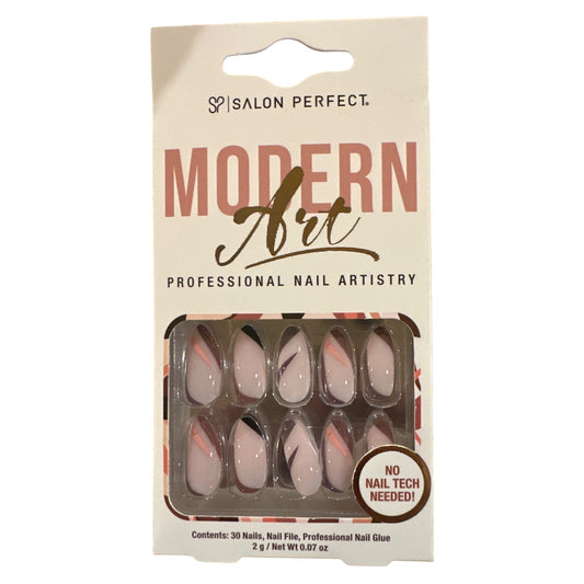 Salon Perfect 30 Nail Modern Art Long Almond Glossy Peach+Black+Fuschia Abstract