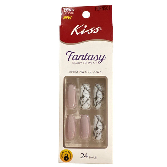 Kiss FANTASY 24 Nails Long Ballerina Marble + Shiny Mauve+White+Black Gel Finish