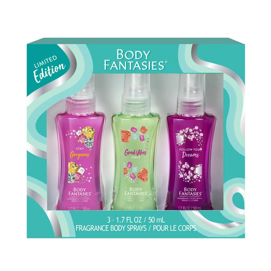 1 x 3pc 1.7 oz each Set Body Fantasies Fragrance Body Spray Scents: Stay Gorgeous, Good Vibes Only, Follow Your Dreams Travel Size Spray Bottle