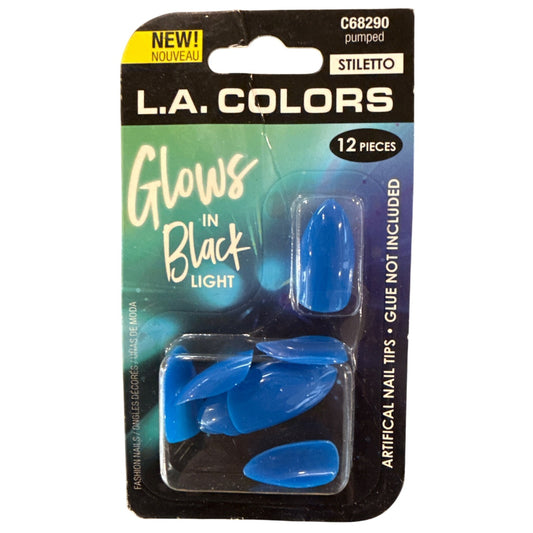 L.A. Colors GLOWS IN BLACK LIGHT 12 Nails PUMPED Long Stiletto Glossy Royal Blue