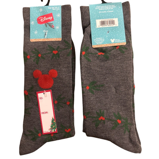 Disney Holiday Mickey Mouse Gray Crew Socks Women 6.5-12 Holly Print + Gift Tag