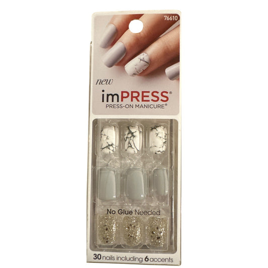 Impress YEAH BOY 30 Nails Short Squoval Marble+Glitter+Glossy Grey+Gold+White