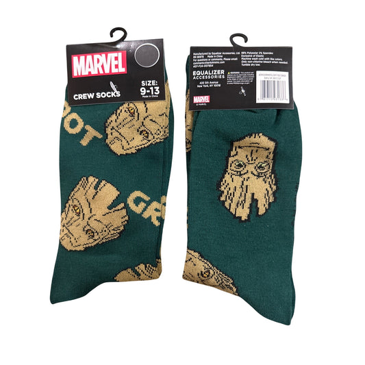 Marvel GROOT Men's Size 9-13 Crew Socks Green Tan Black Gold Fun Graphic Design