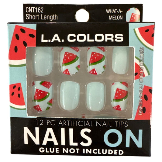 L.A. Colors NAILS ON 12 Nails WHAT-A-MELON Short Square Glossy White WATERMELON