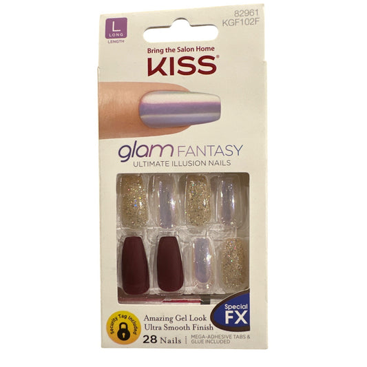 Kiss Glam Fantasy 28 Nails Long Coffin Matte+Glitter+Chrome Burgundy+Gold SPE FX