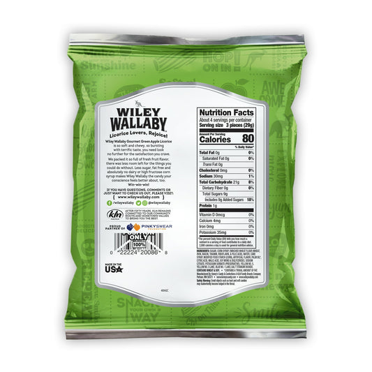 1 x 4 oz Bag Wiley Wallaby Green Apple Licorice Candy Vegan Kosher