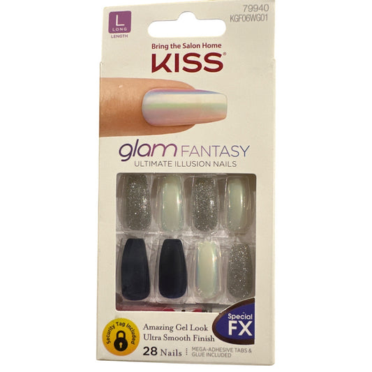 Kiss Glam Fantasy 28 Nail Long Coffin Shiny+Matte+Glitter Midnight Blue+Pearl FX