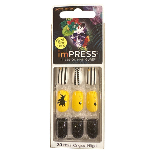 KISS ImPRESS 30 Nails TEEN WITCH Medium Square Shiny Witch + Broom Halloween