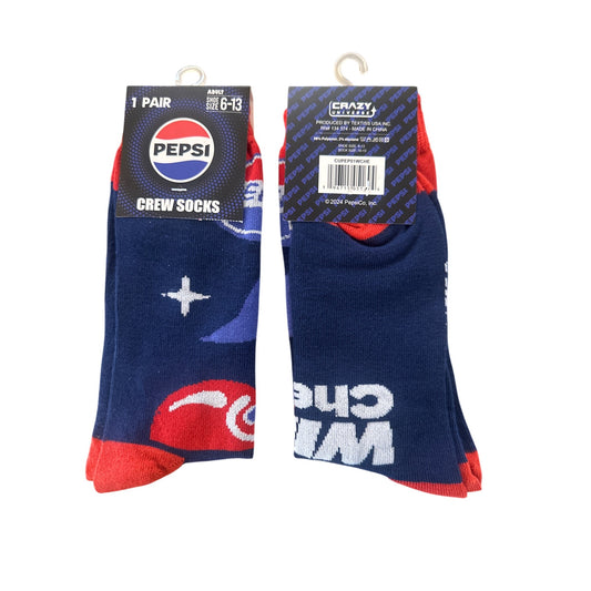 PEPSI WILD CHERRY Men's Size 6-13 Crew Socks Navy Red White Blue Logo Design