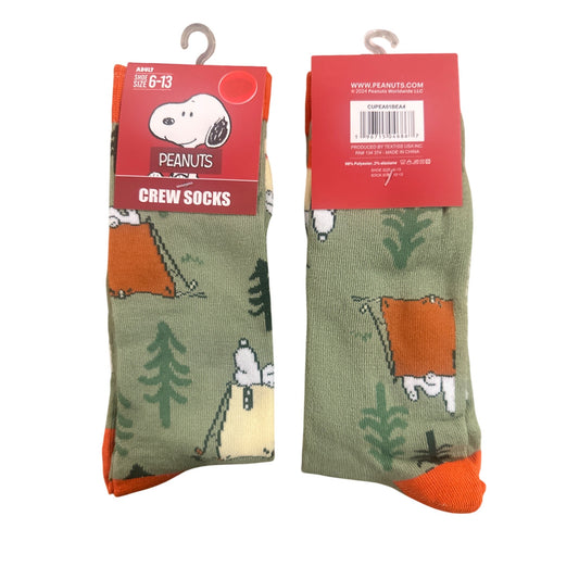 Peanuts SNOOPY Men's Size 6-13 Crew Socks Green Orange Yellow White Camp Forest