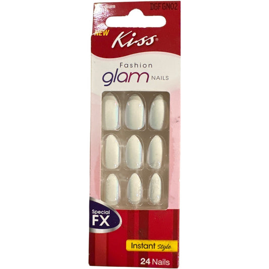 Kiss FASHION GLAM 24 Nails Medium Almond Shape Iridescent White Special FX