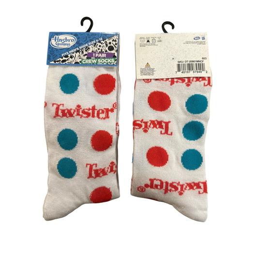 Hasbro TWISTER Board Game Men's Size 6-12 Crew Socks White Red Blue Polka Dots