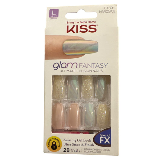 Kiss Glam Fantasy 28 Nails Long Coffin Glitter Peach+Gold+Aqua Iridescent FX