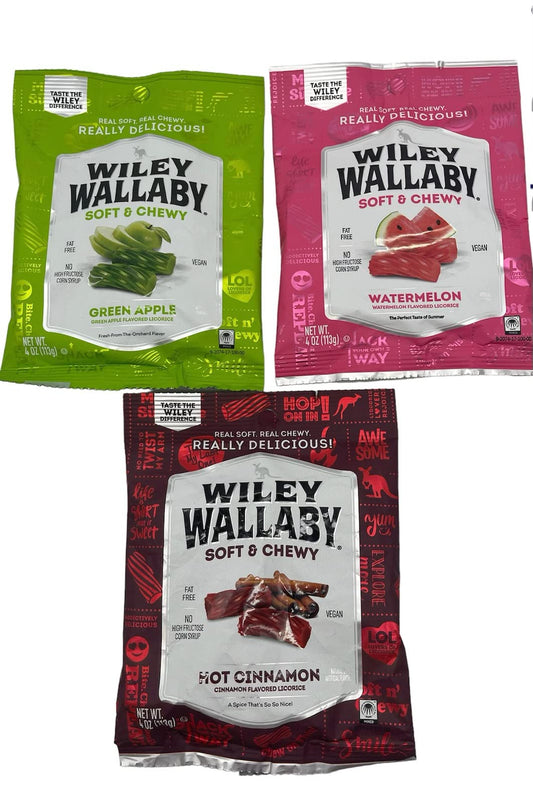 3 x 4 oz Wiley Wallaby Licorice Multi Pack Watermelon, Green Apple, Hot Cinnamon