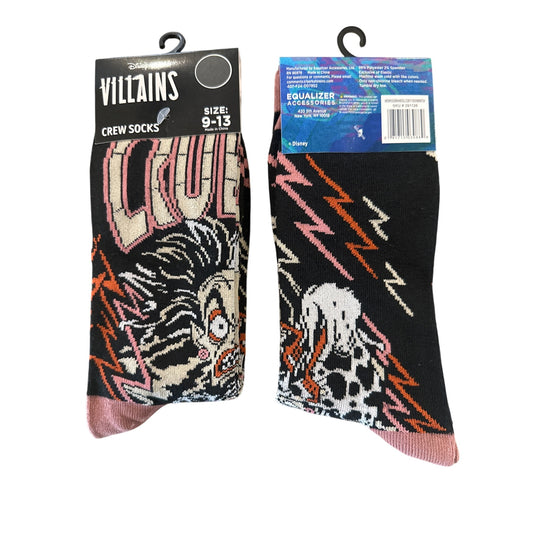 Disney VILLAINS CRUELLA DE VIL Men's Size 9-13 Crew Socks Black White Red Orange