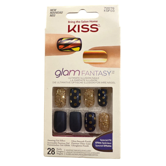 Kiss Glam Fantasy 28 Nails Medium Square Shimmer+Polka+Matte Navy Blue+ Gold