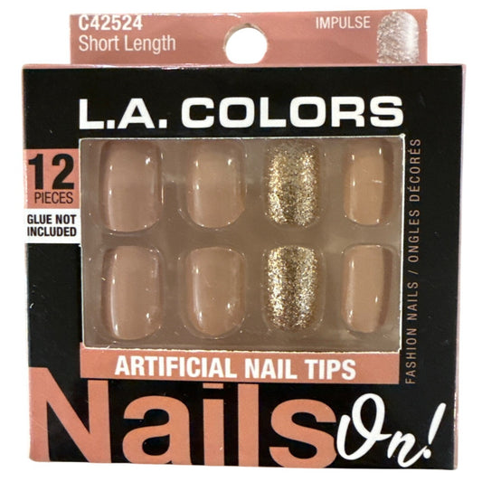 L.A. Colors NAILS ON 12 Nails IMPULSE Short Square Glossy+Glitter Nude+Gold