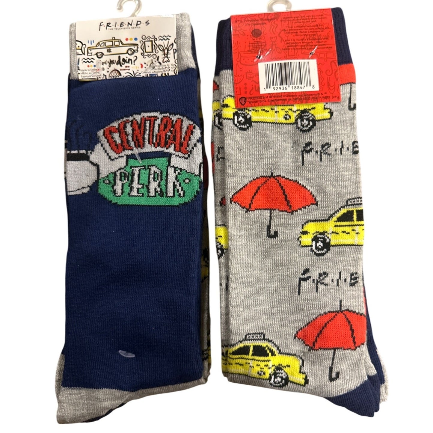 FRIENDS Central Perk & NYC Taxi Themed Crew Socks Set Unisex Size 4-10 Gray/Navy